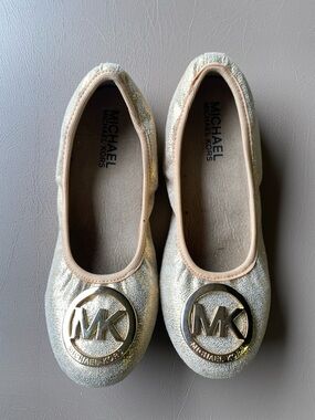 Michael Kors Girls Metallic Gold MK Emblem Ballet Flats
